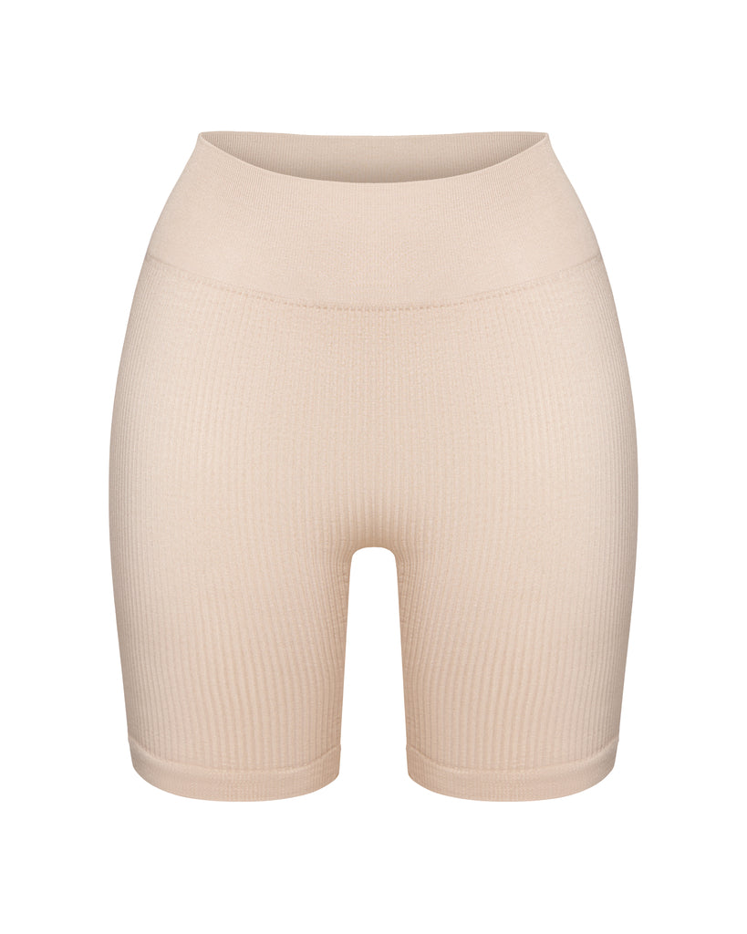 women's ribbed high waisted cycling shorts in beige color